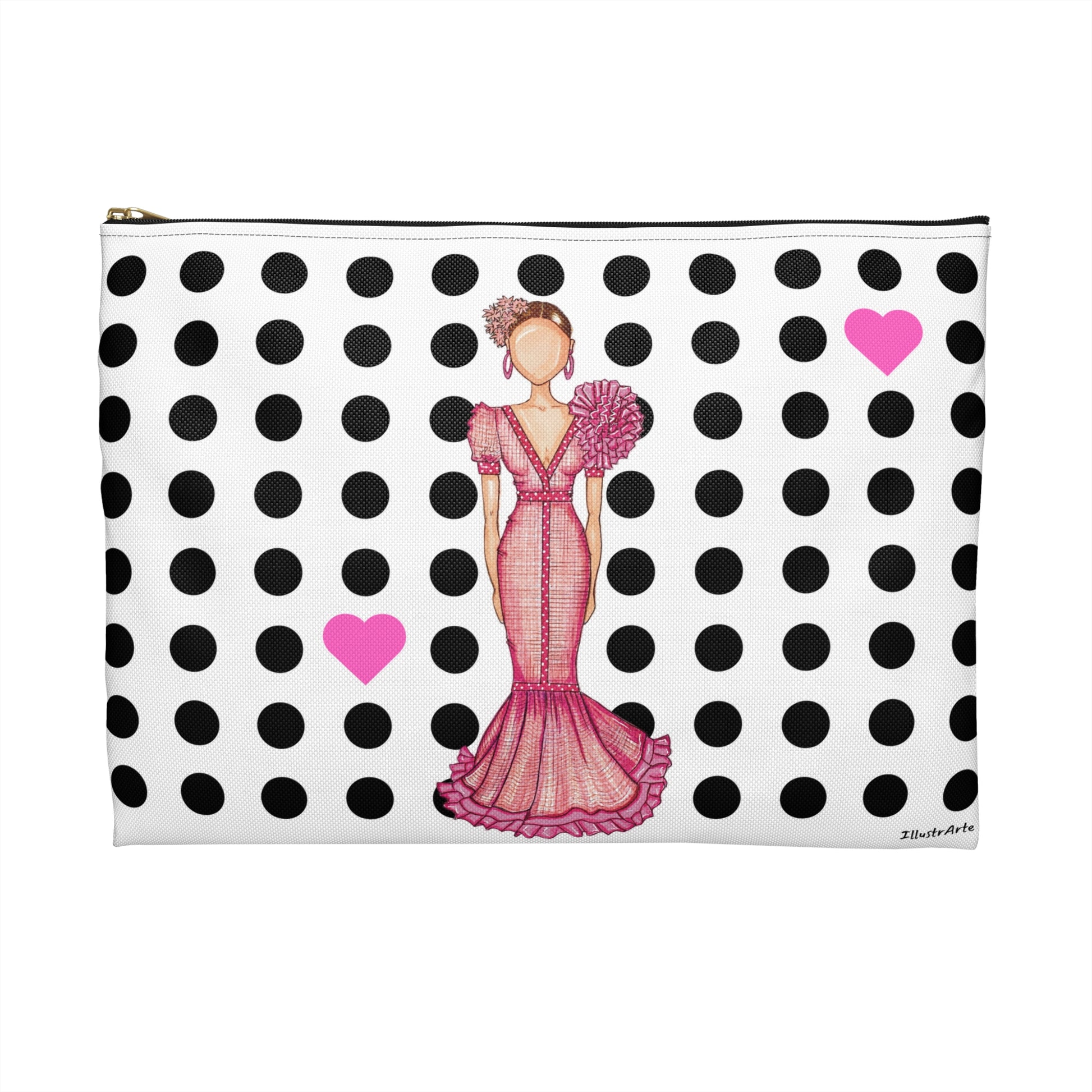 Flamenco Dancer Customizable Washbag, pink dress and pink hearts on a black polka dot design. - IllustrArte