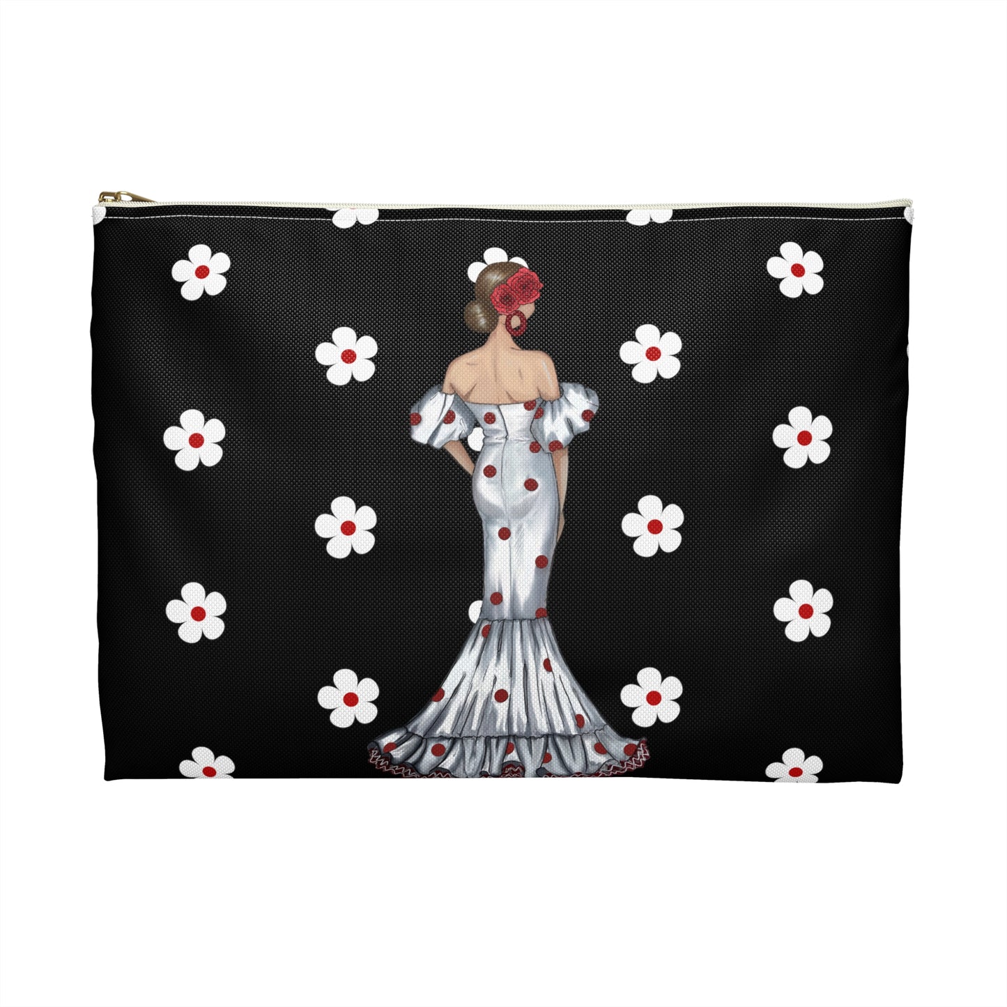 a black and white purse with a woman in a dress on it