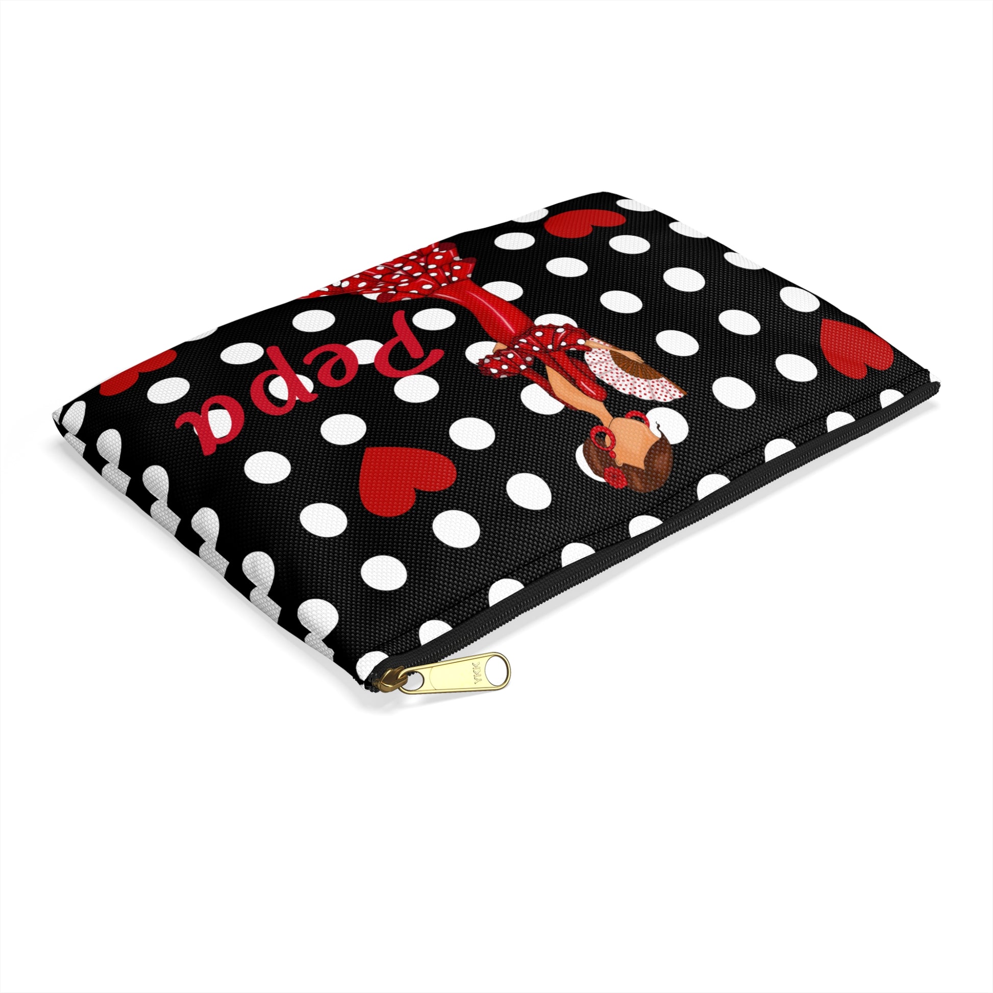 a black and white polka dot case with a minnie mouse on it