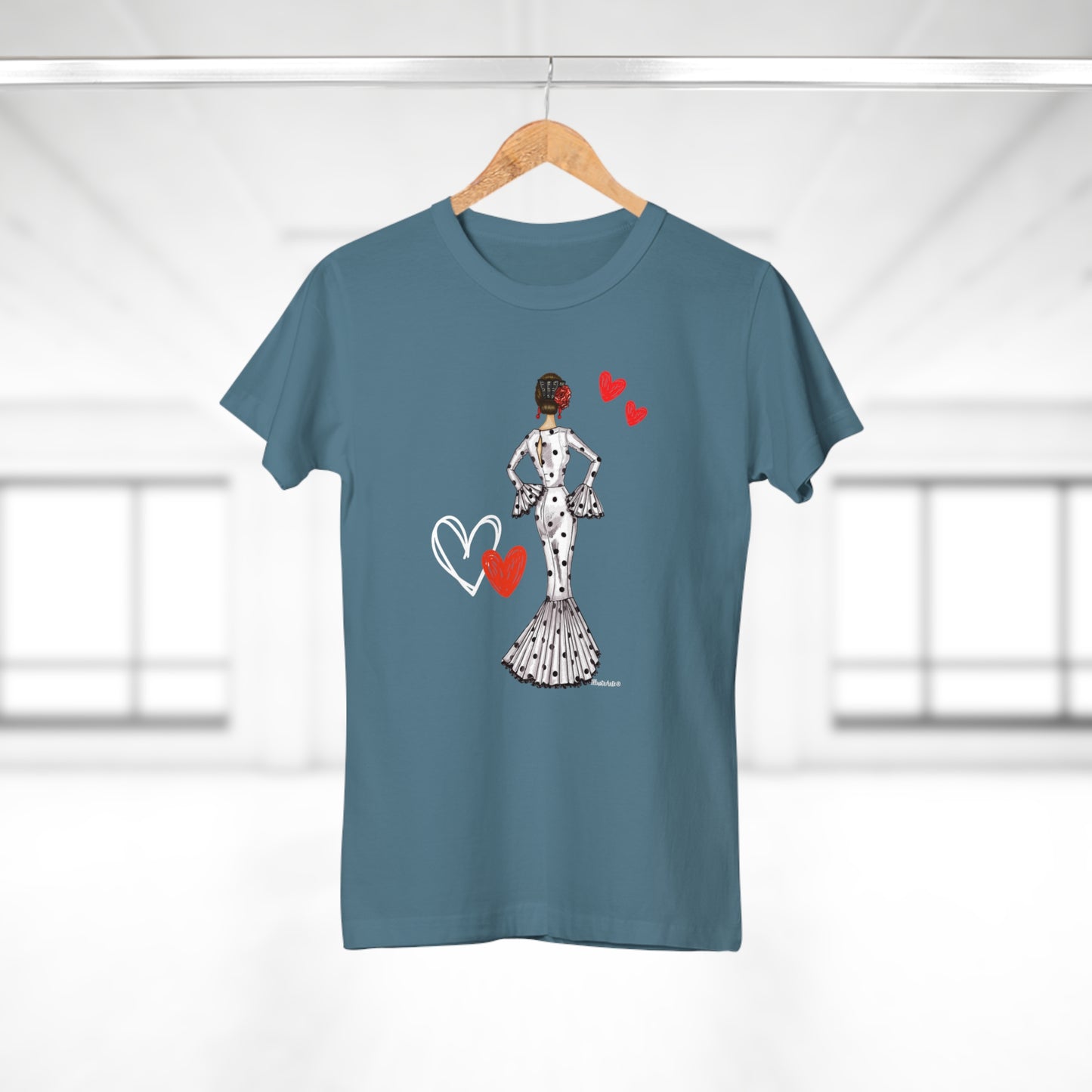 a t - shirt with a woman in a dress and a heart on it