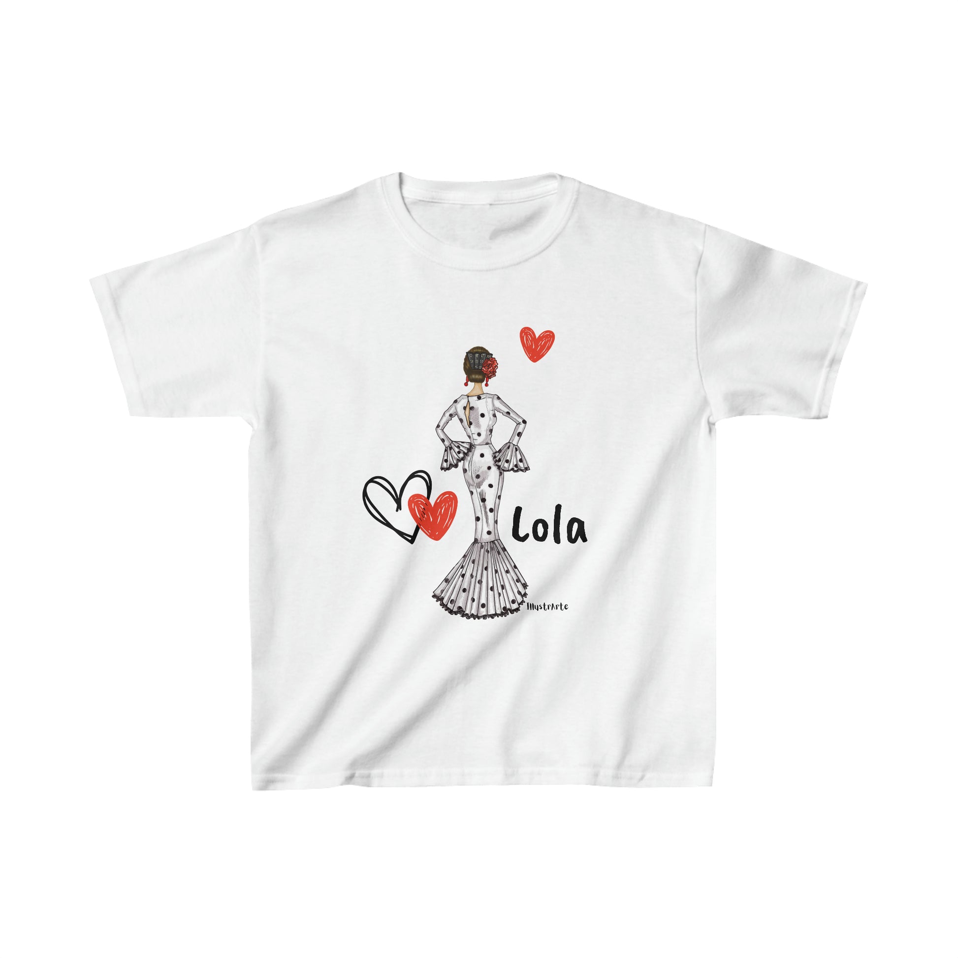 a white t - shirt with a picture of a woman in a dress and hearts