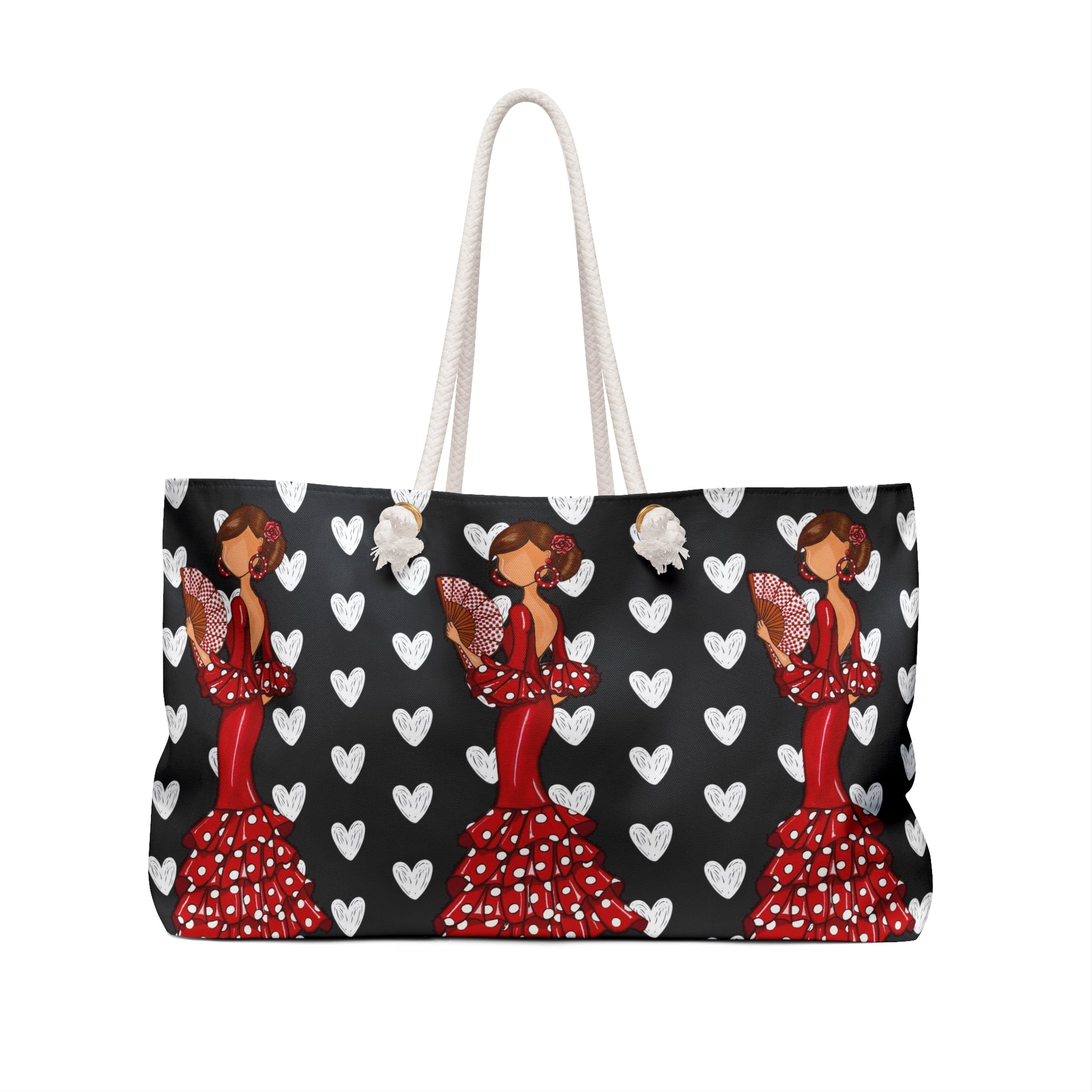 a black and white bag with hearts and a woman in a red dress