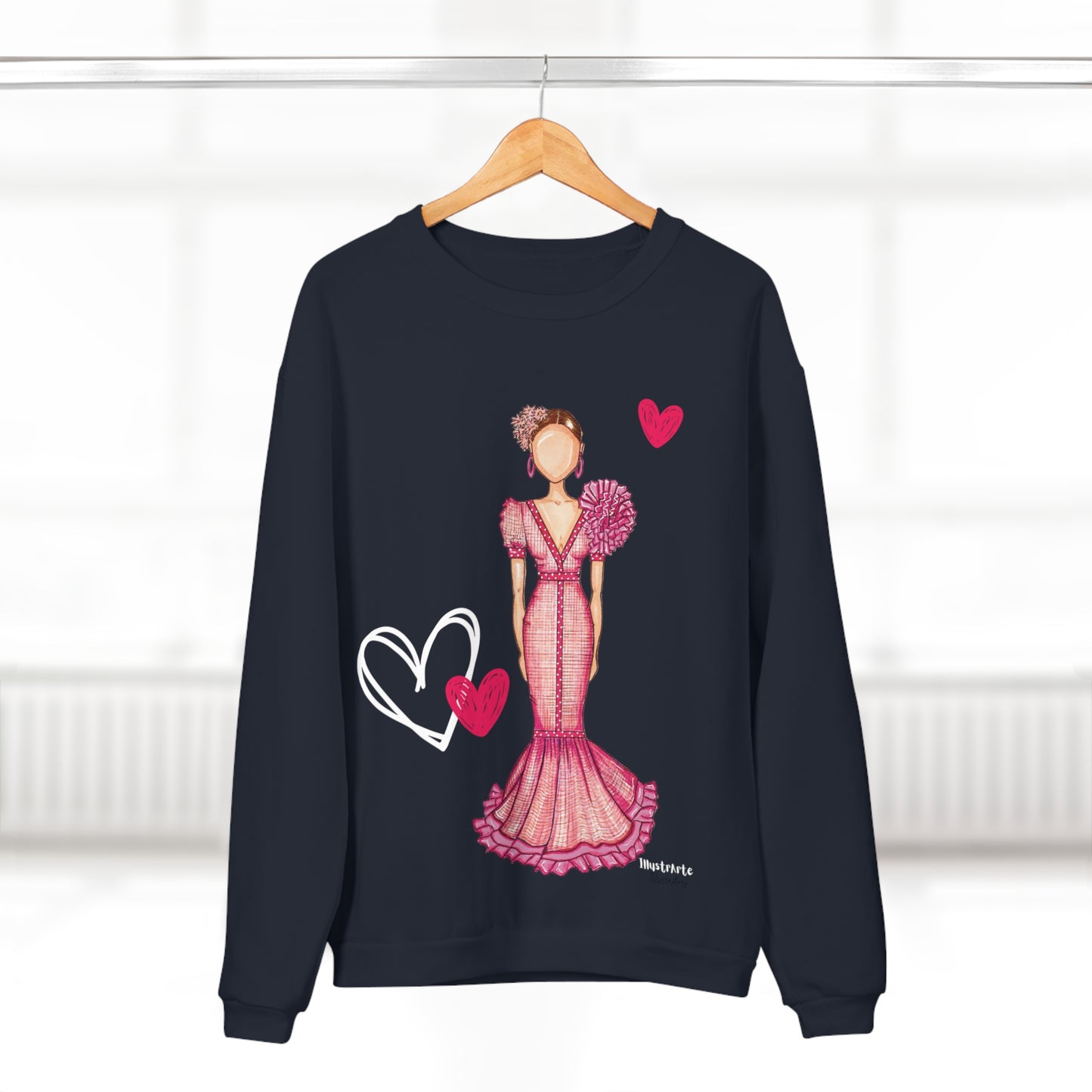 Flamenco lovers customizable navy Crewneck Sweatshirt, beautiful flamenco dancer in a pink dress