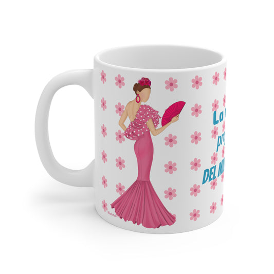 a coffee mug with a woman in a pink dress