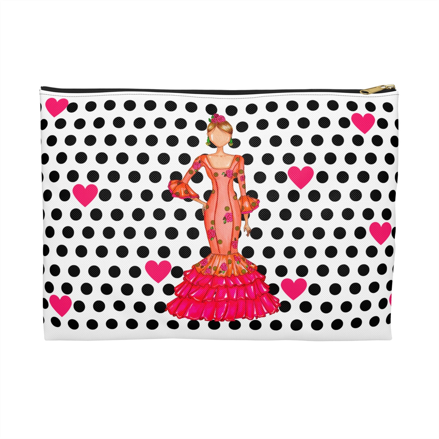 a polka dot purse with a woman in a pink dress