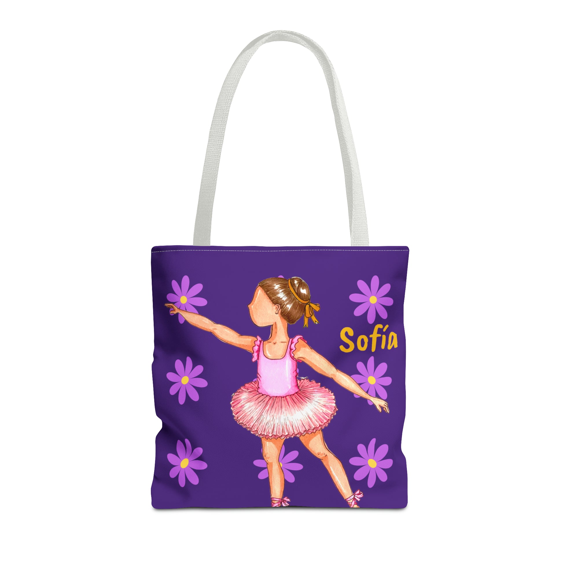 a purple tote bag with a picture of a girl in a pink tutu