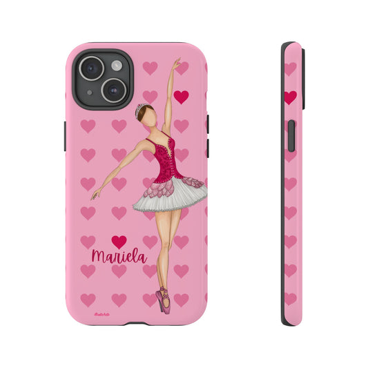 Funda rígida blanca personalizable para amantes del ballet para iPhone, Samsung Galaxy y Google pixel con nuestra bailarina Mariela con un vestido rosa.