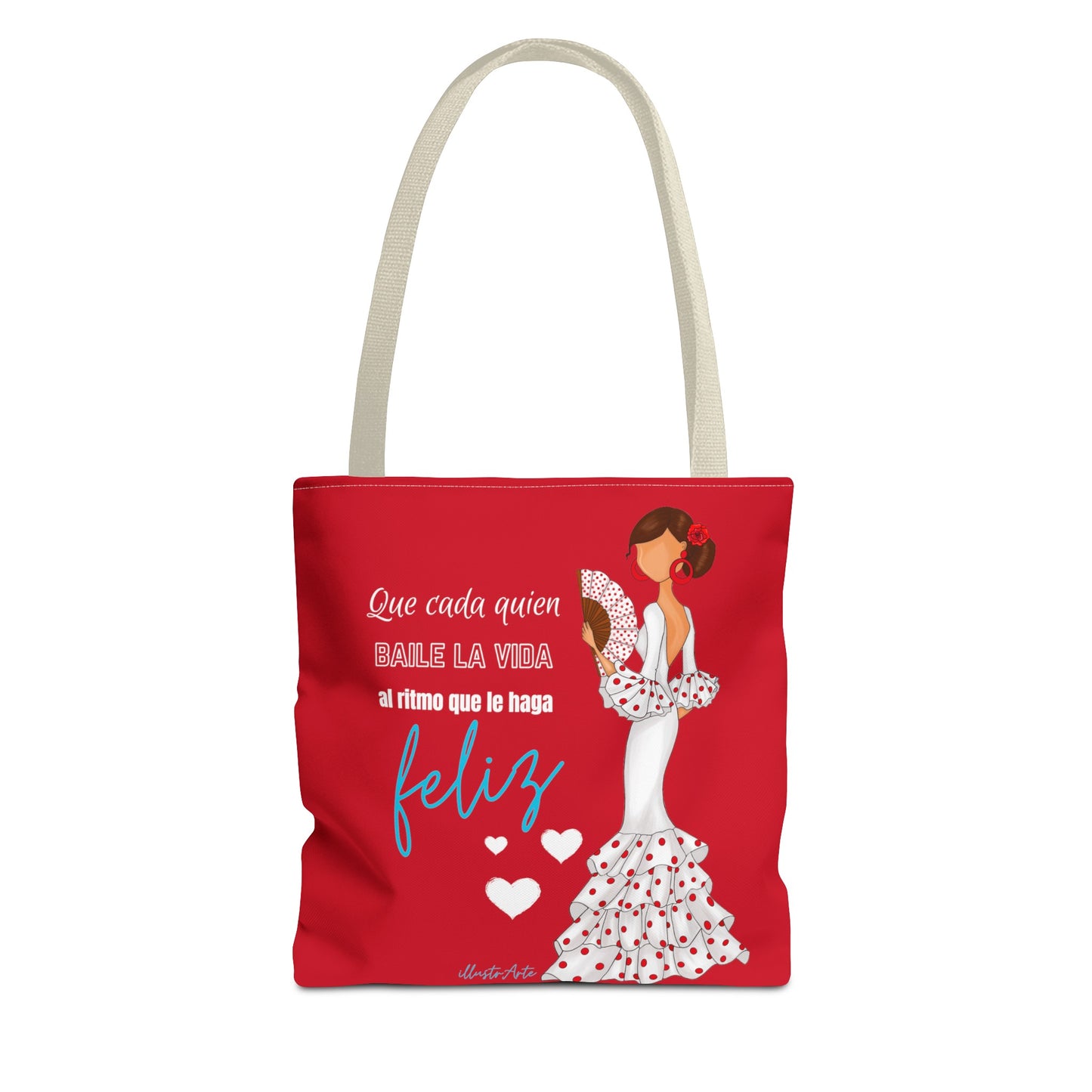 Flamenco Lovers Customizable red Tote Bag, flamenco dancer Pepa in a white dress and a positive quote