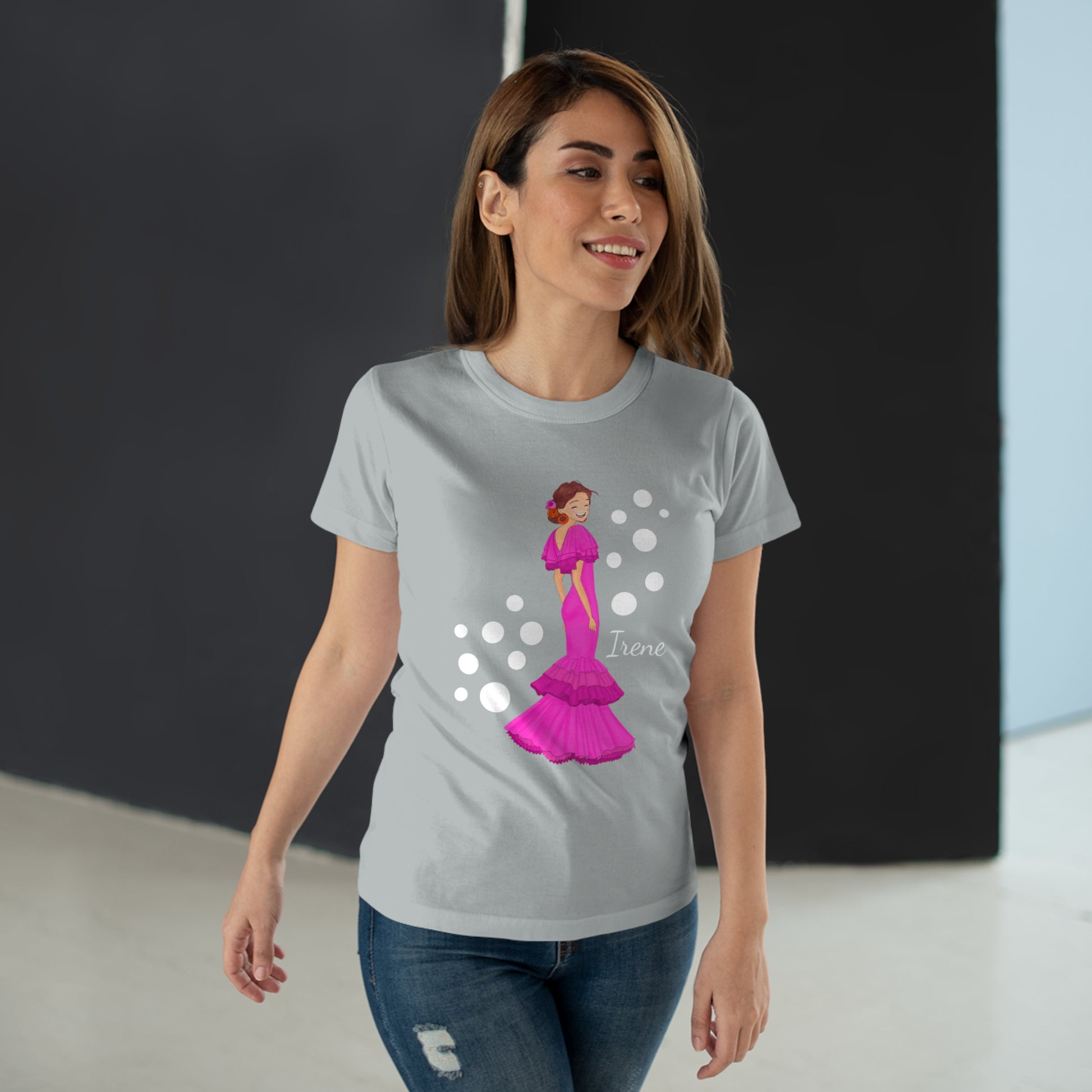 a woman wearing a t - shirt with a picture of a princess on it