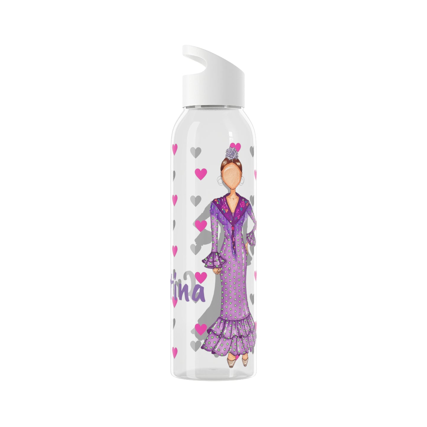 Flamenco Dancer 22 Oz/650ml Eastman Tritan™ Single wall bottle, purple dress with pink hearts design. - IllustrArte