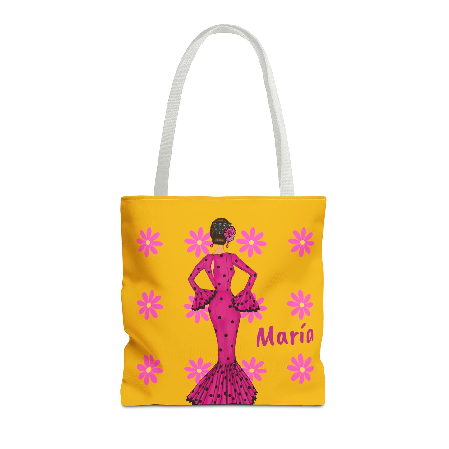 Flamenco lover Tote Bag, fabric tote bag with yellow background with pink flowers and our flamenco dancer Maria in a pink dress. Customizable.