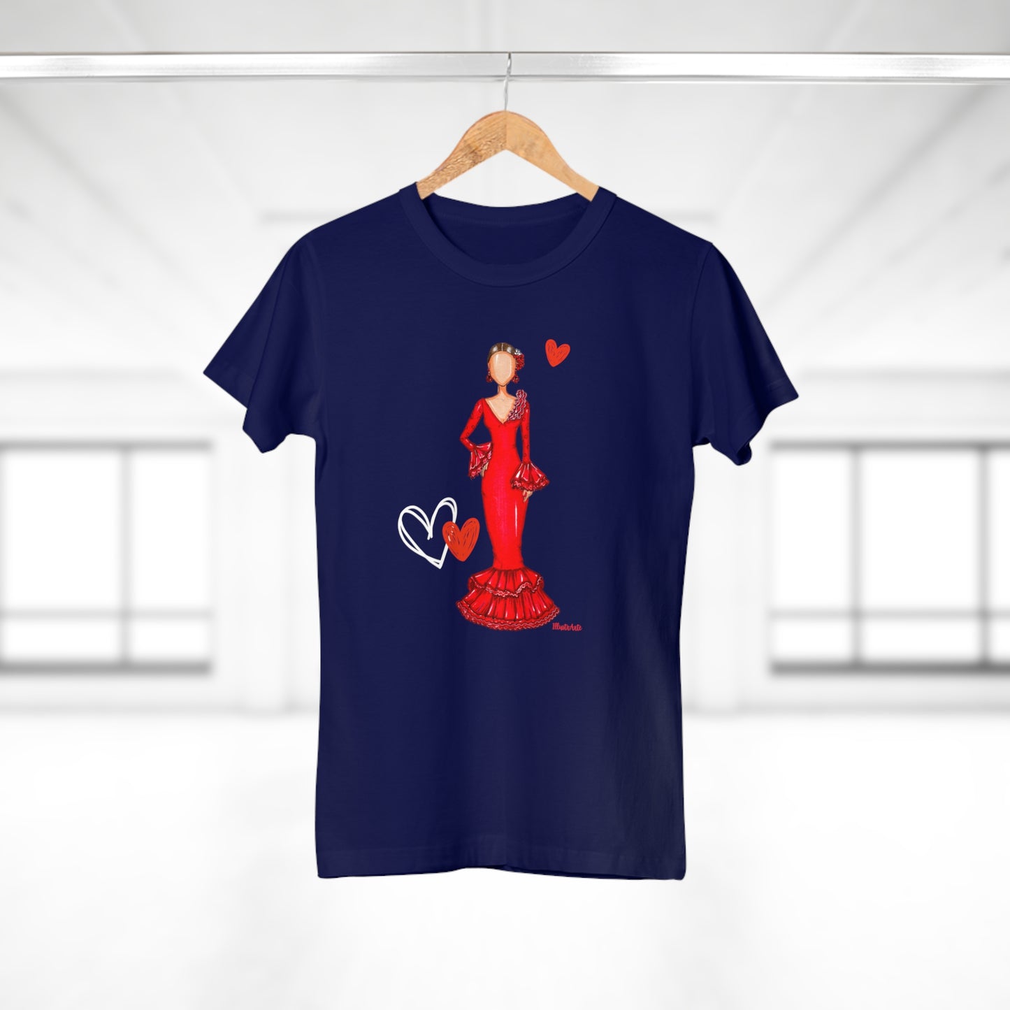 a t - shirt with a woman in a red dress on a hanger