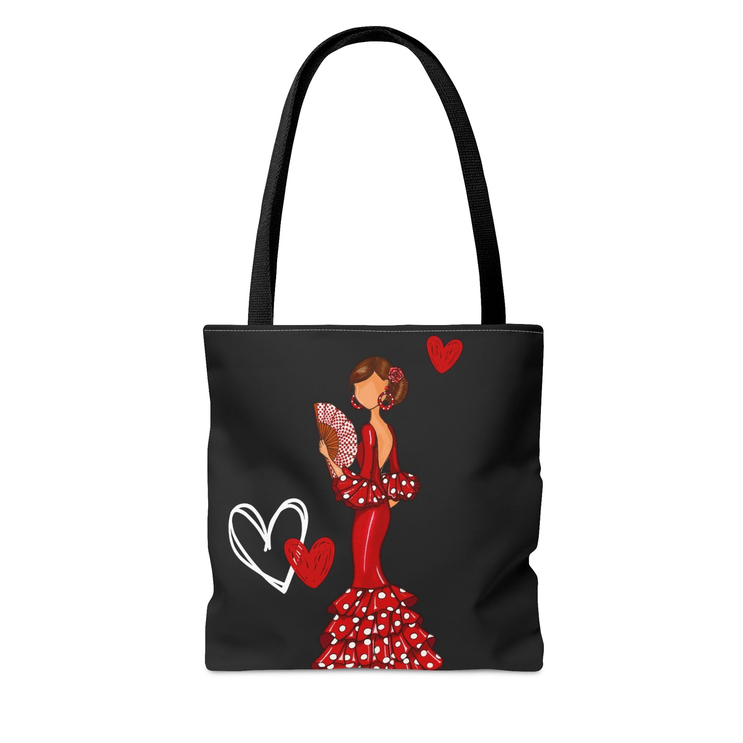 a tote bag with a woman in a red dress holding a fan