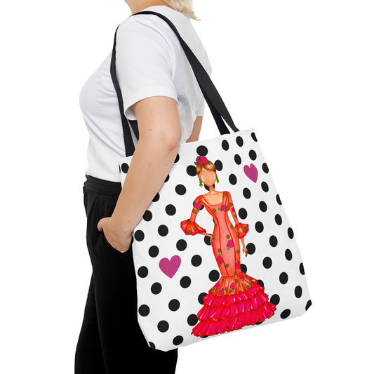 a woman is carrying a polka dot bag