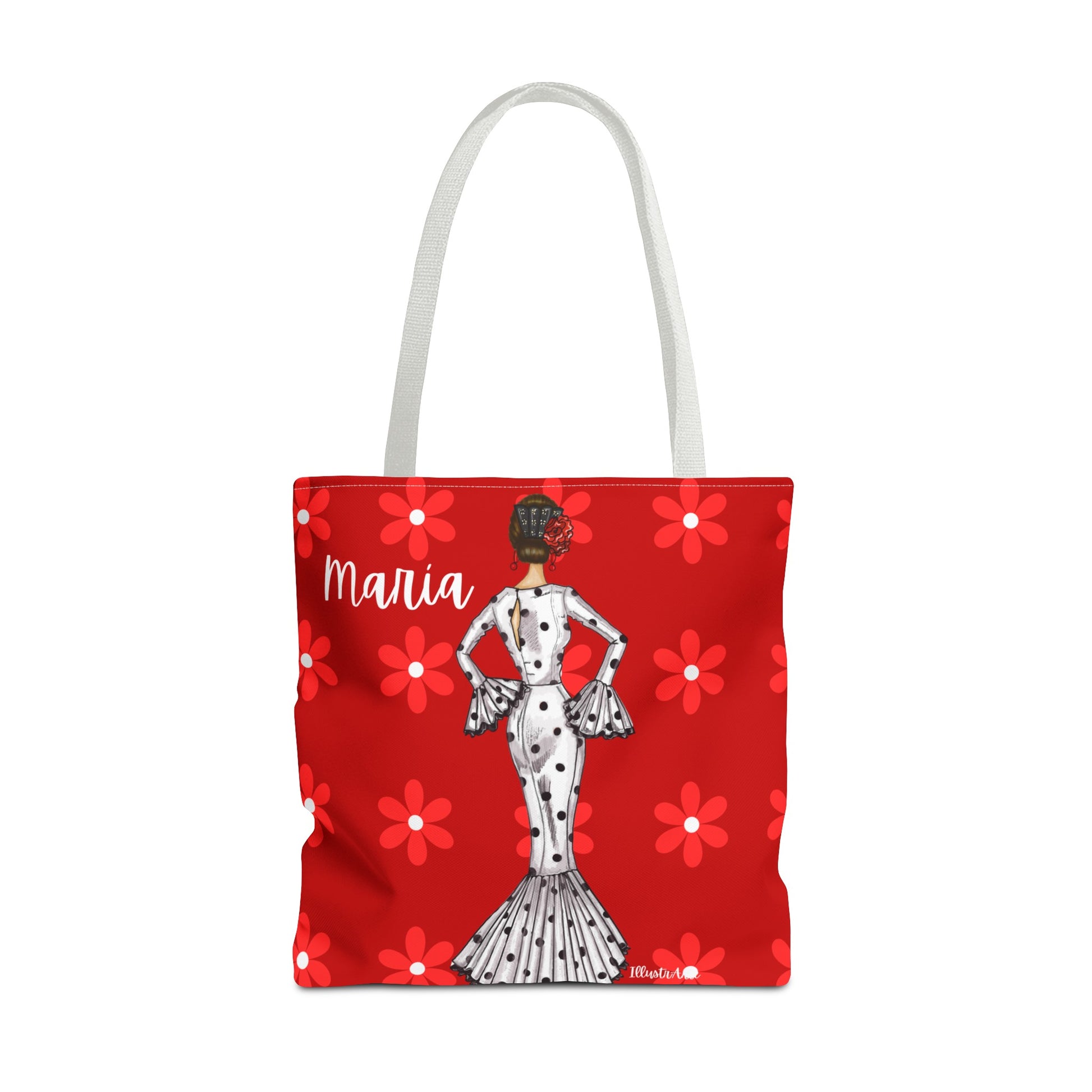 a red tote bag with a picture of a woman in a dress