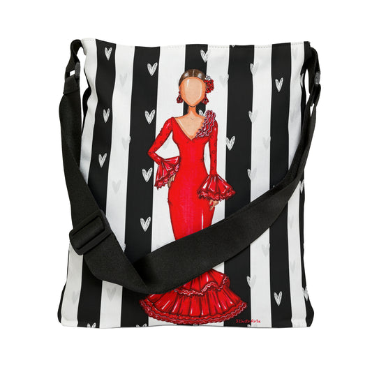 Flamenco Dancer Tote Bag with zip, red dress and white hearts on a black and white stripe design. - IllustrArte