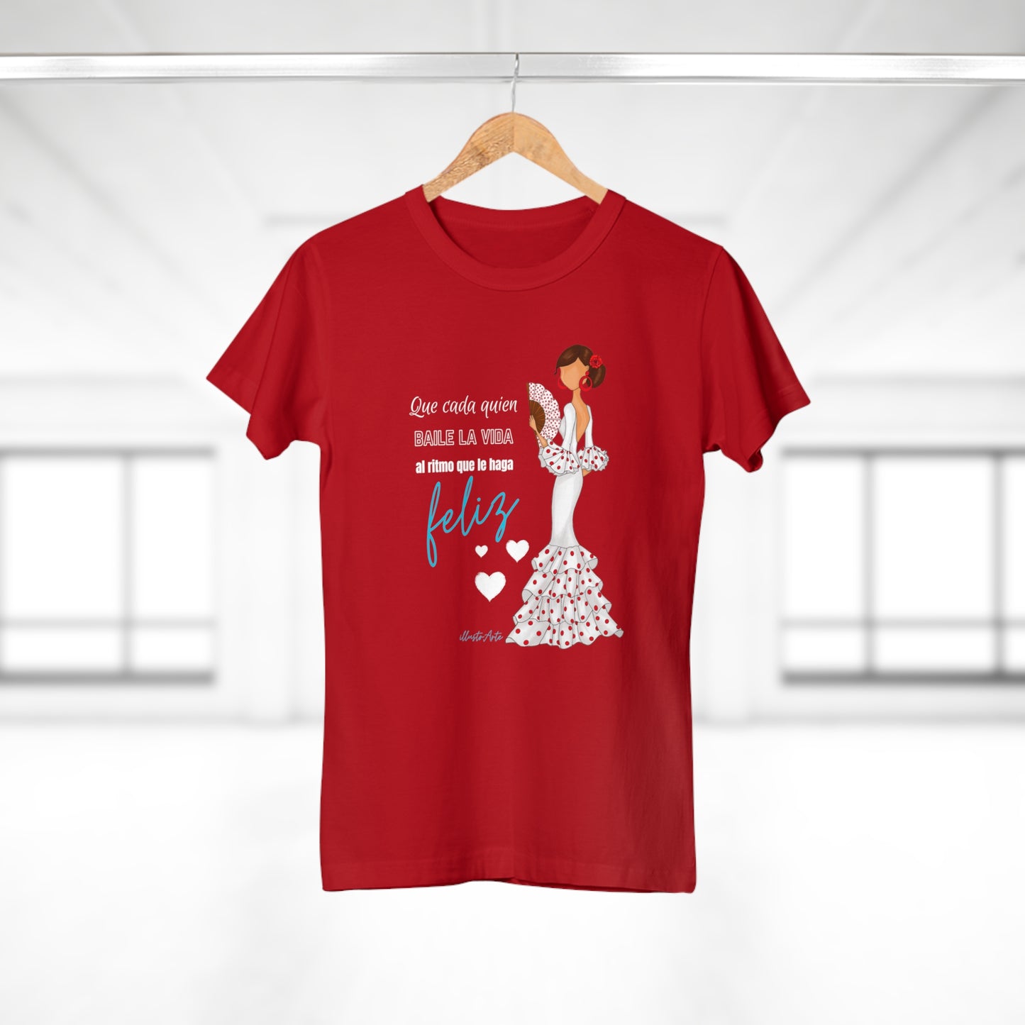 Flamenco Lovers Camiseta mujer algodón roja - Flamenca Pepa con vestido blanco con frase positiva.