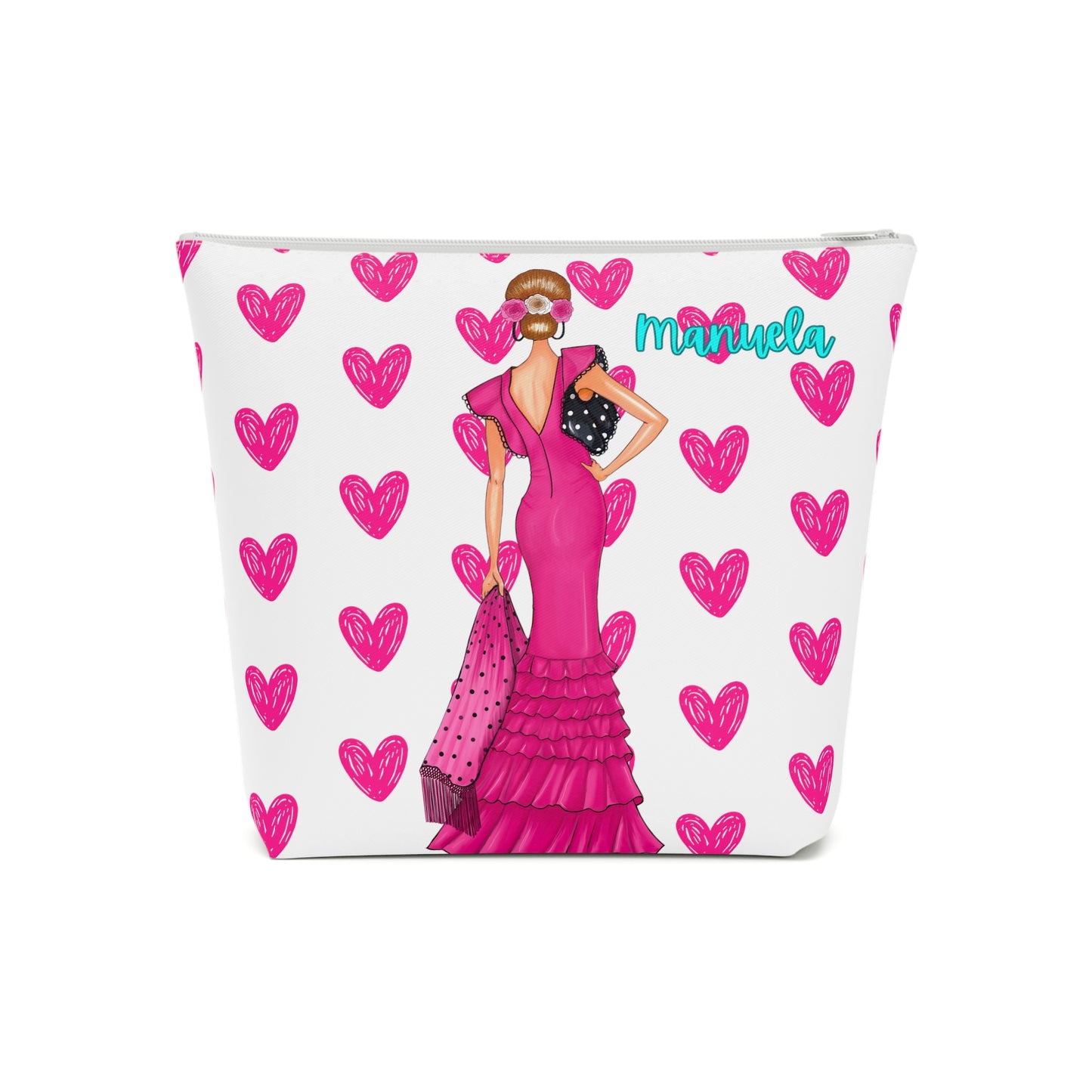 a bag with a woman in a pink dress on it