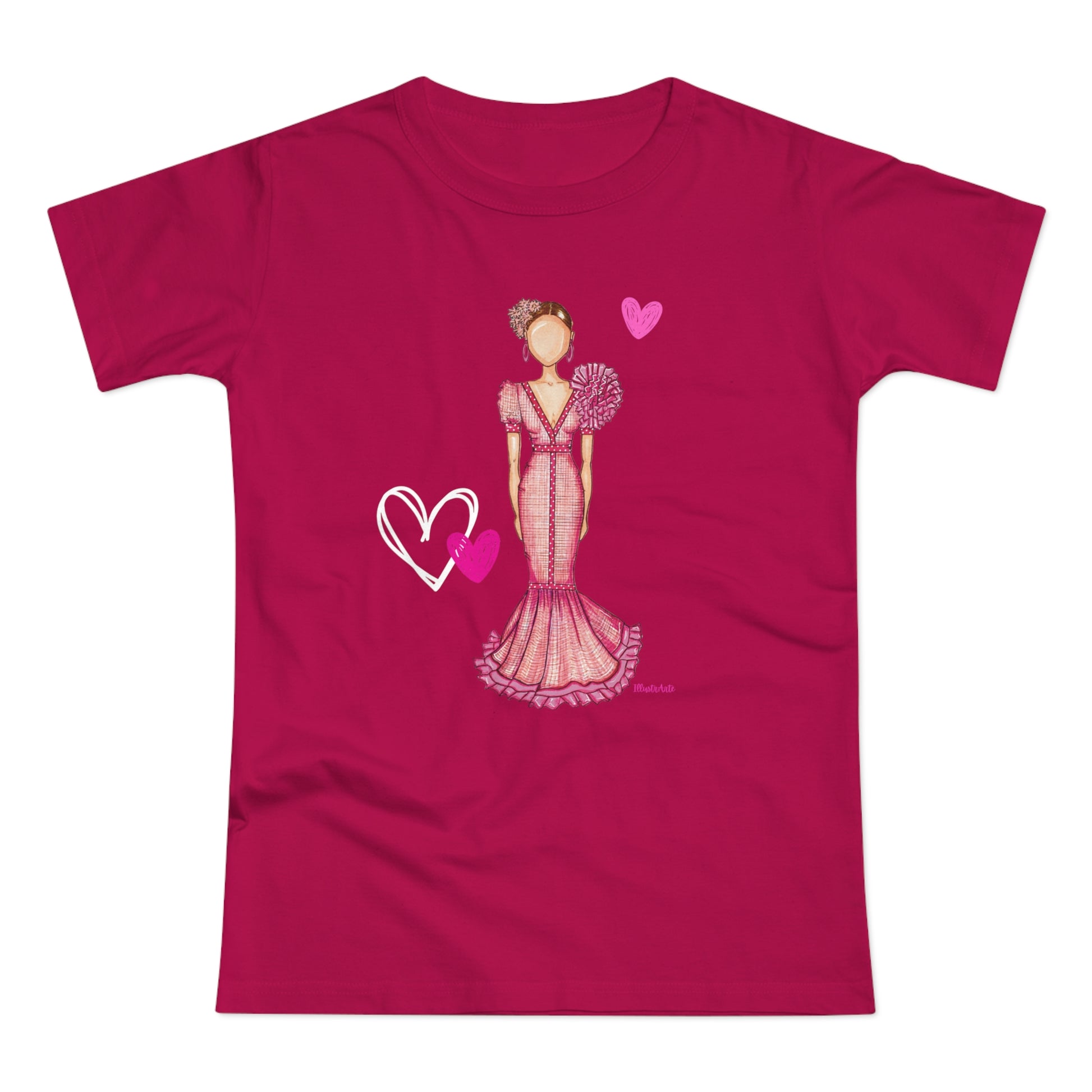 a pink t - shirt with a picture of a woman in a dress