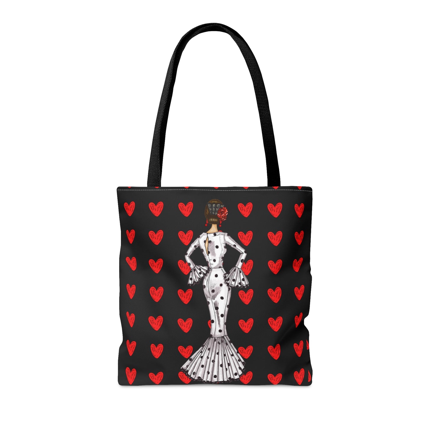 a black and red tote bag with a dalmatian girl on it