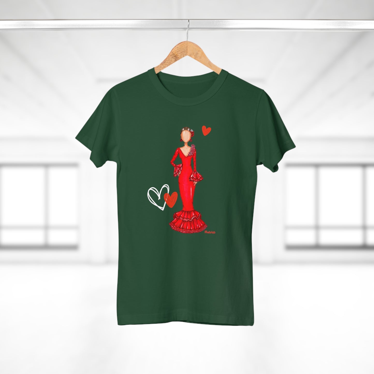 a green t - shirt with a woman in a red dress