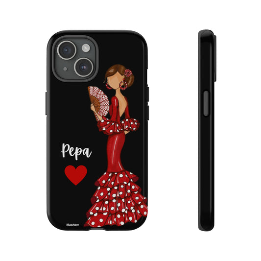 a phone case with a woman in a red dress holding a fan