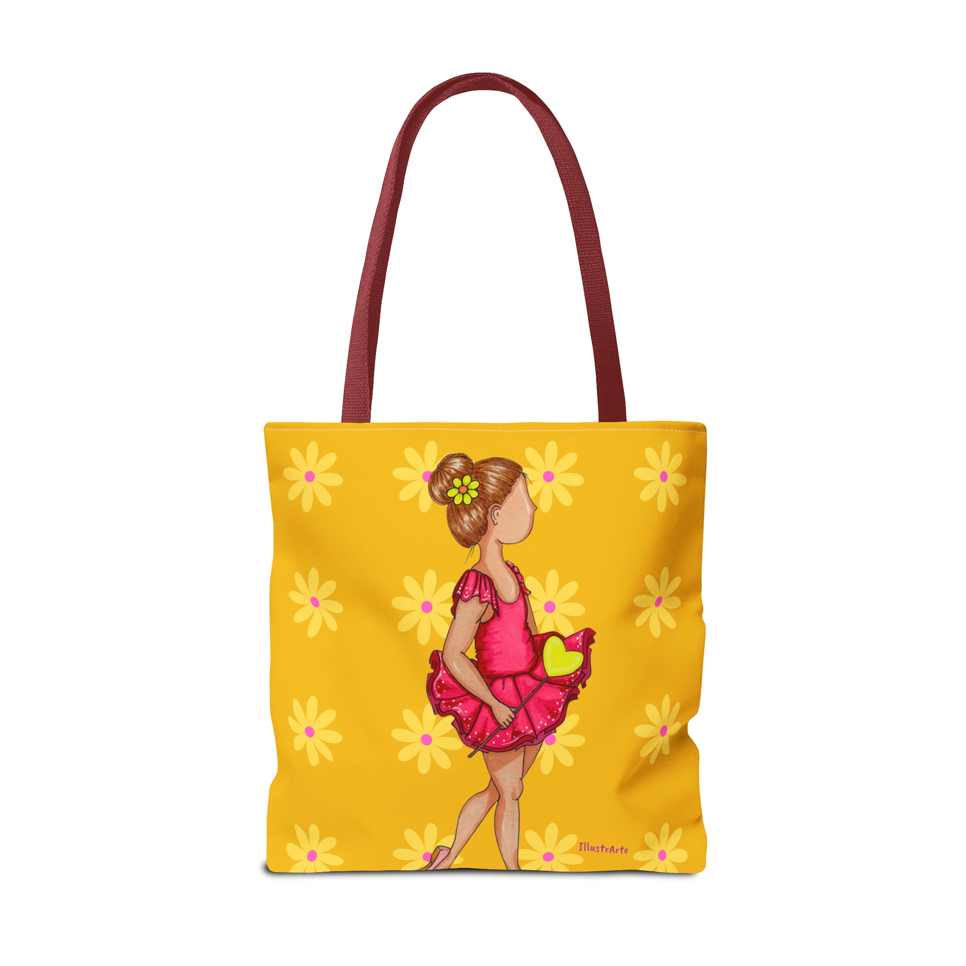 a yellow tote bag with a picture of a girl in a pink dress
