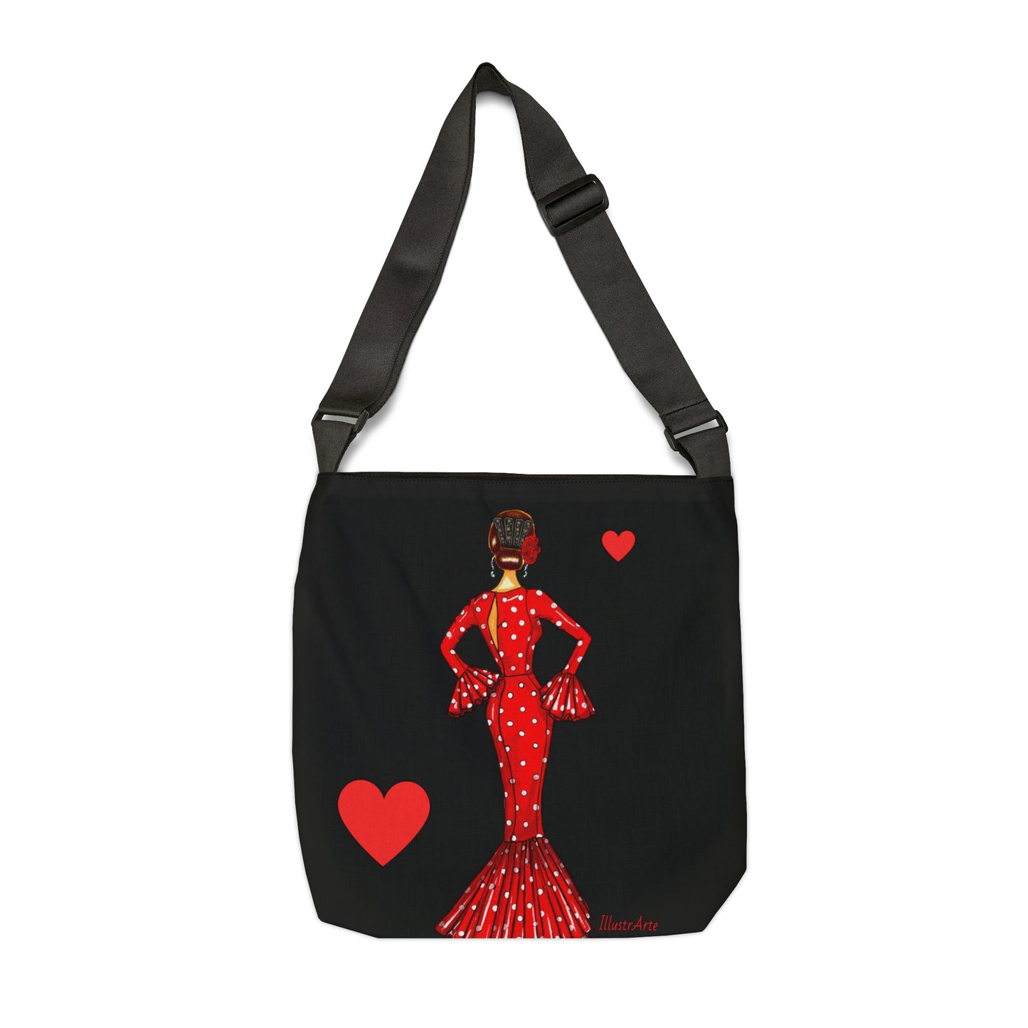 Flamenco Dancer Tote Bag with adjustable straps, red dress and black polka dots design.