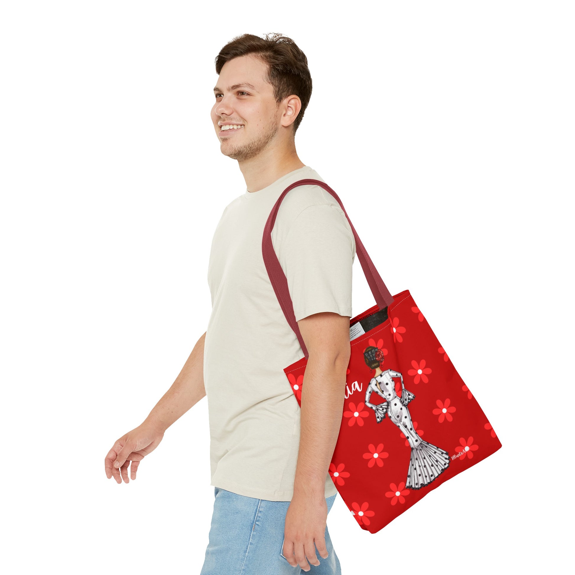 a man carrying a red bag with a dog on it