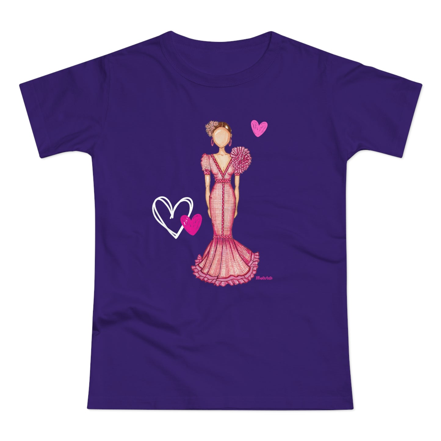 a purple t - shirt with a woman in a dress and hearts