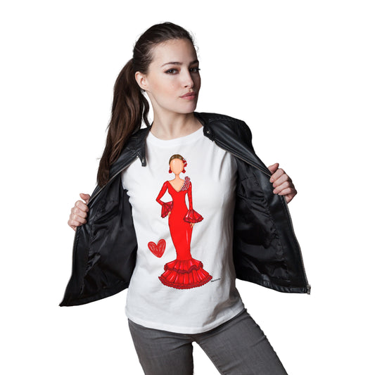 Camiseta blanca entallada para mujer, manga corta, nuestra flamenca Verónica con traje de flamenca rojo.