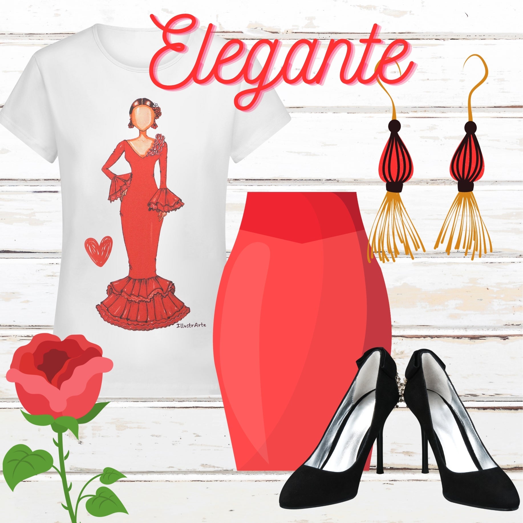 a woman's outfit with a red skirt and a t - shirt