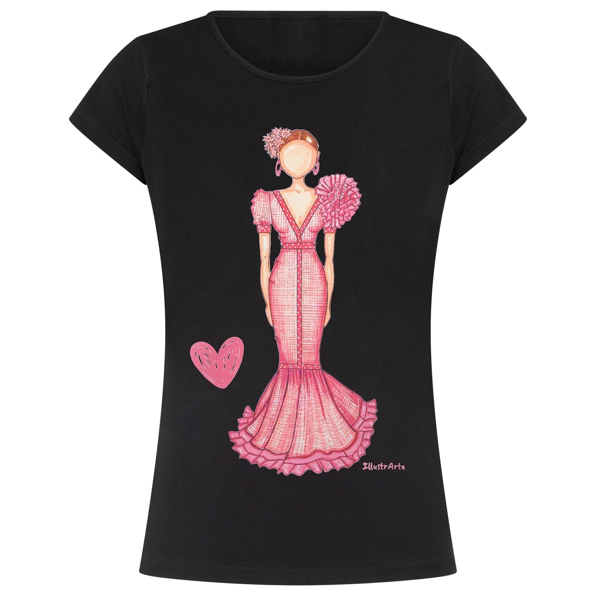 a women's t - shirt with a woman in a pink dress
