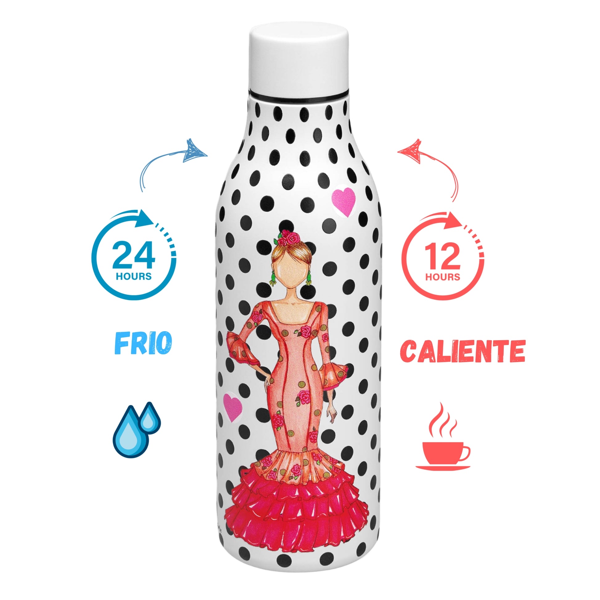 IllustrArte Double wall vacuum cola bottle shaped 17 Oz insulated stainless steel drinks bottle, BPA free, scratch and condensation resistant. Keeps Cold for 24+ Hrs, Hot for 12 Hrs. Orange dress. - IllustrArte