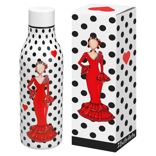 a bottle with a picture of a woman in a red dress