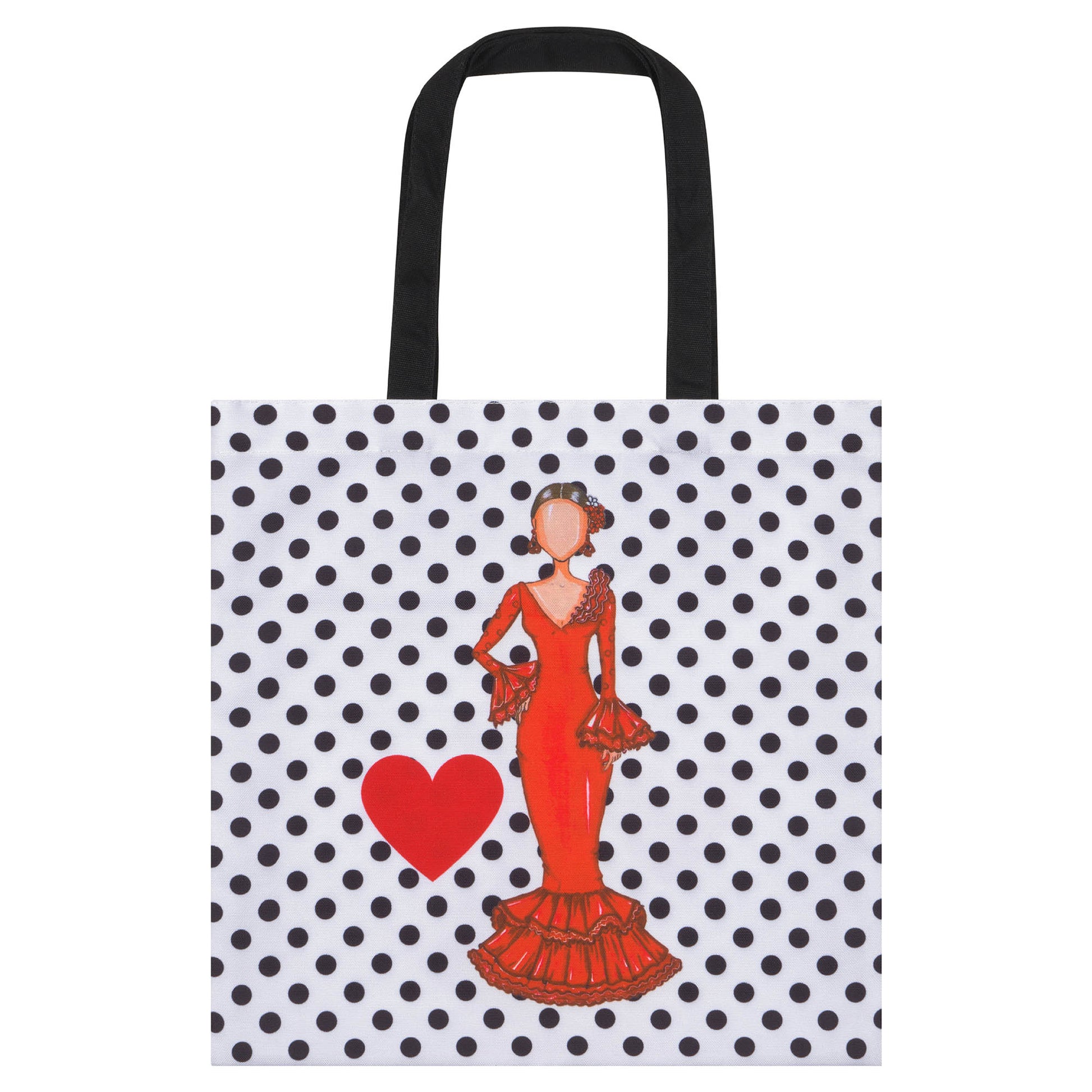 a shopping bag with a woman in a red dress