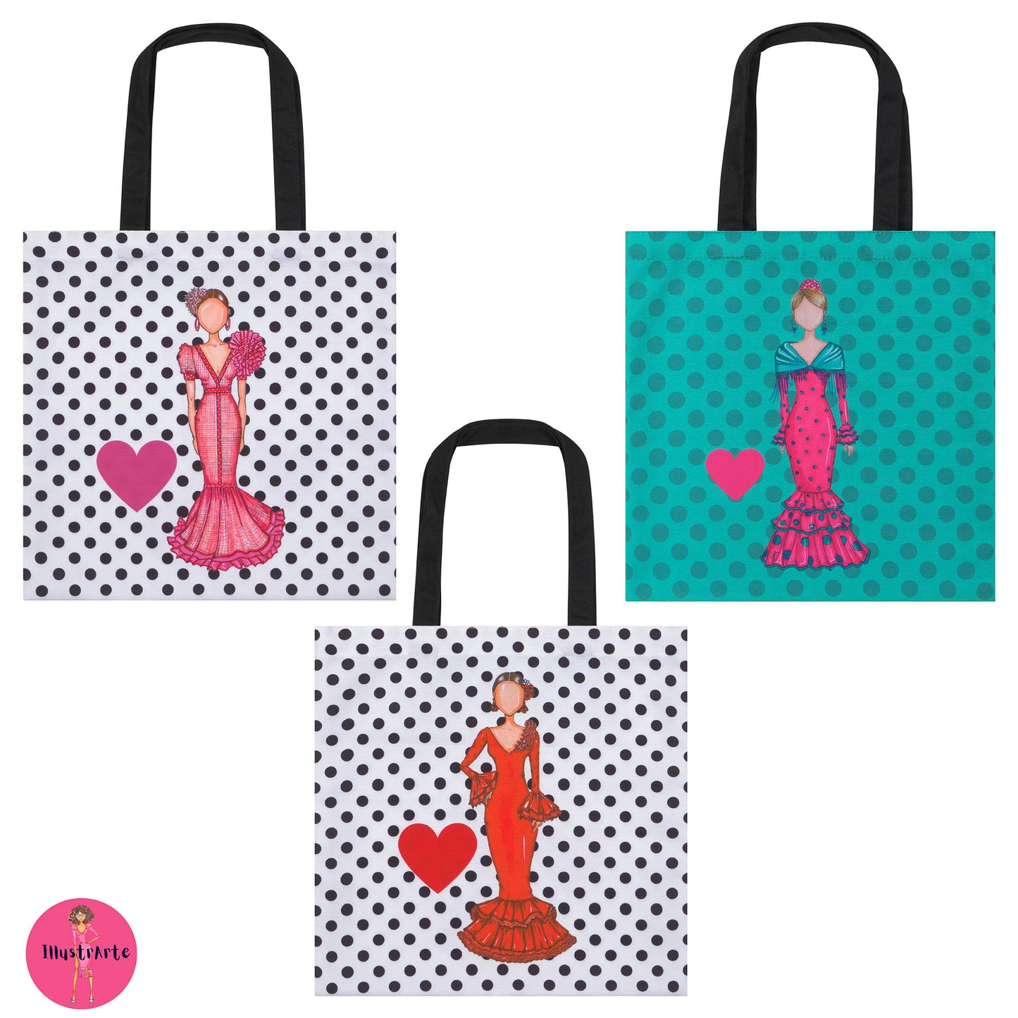 three bags with different designs on them