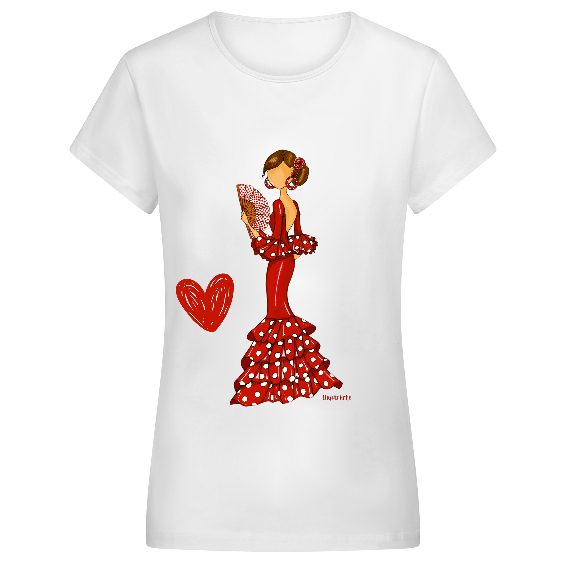 a white t - shirt with a woman in a red dress holding a red heart