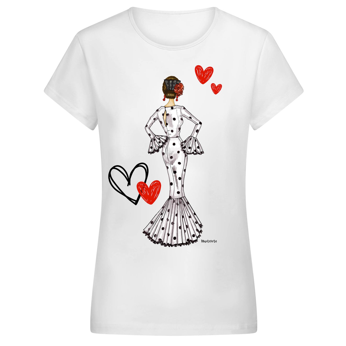 a white t - shirt with a drawing of a woman in a dress and hearts