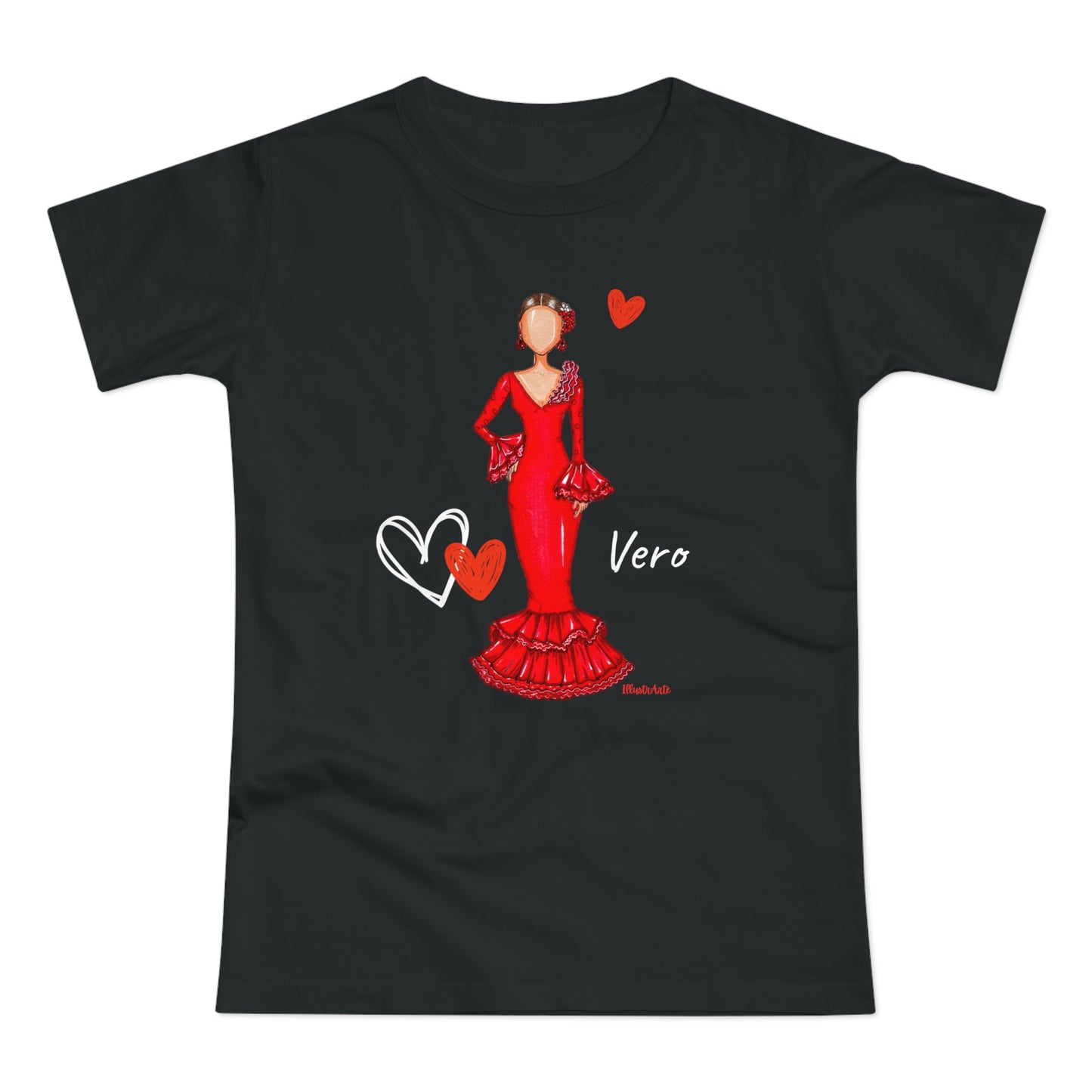 a black t - shirt with a picture of a woman in a red dress