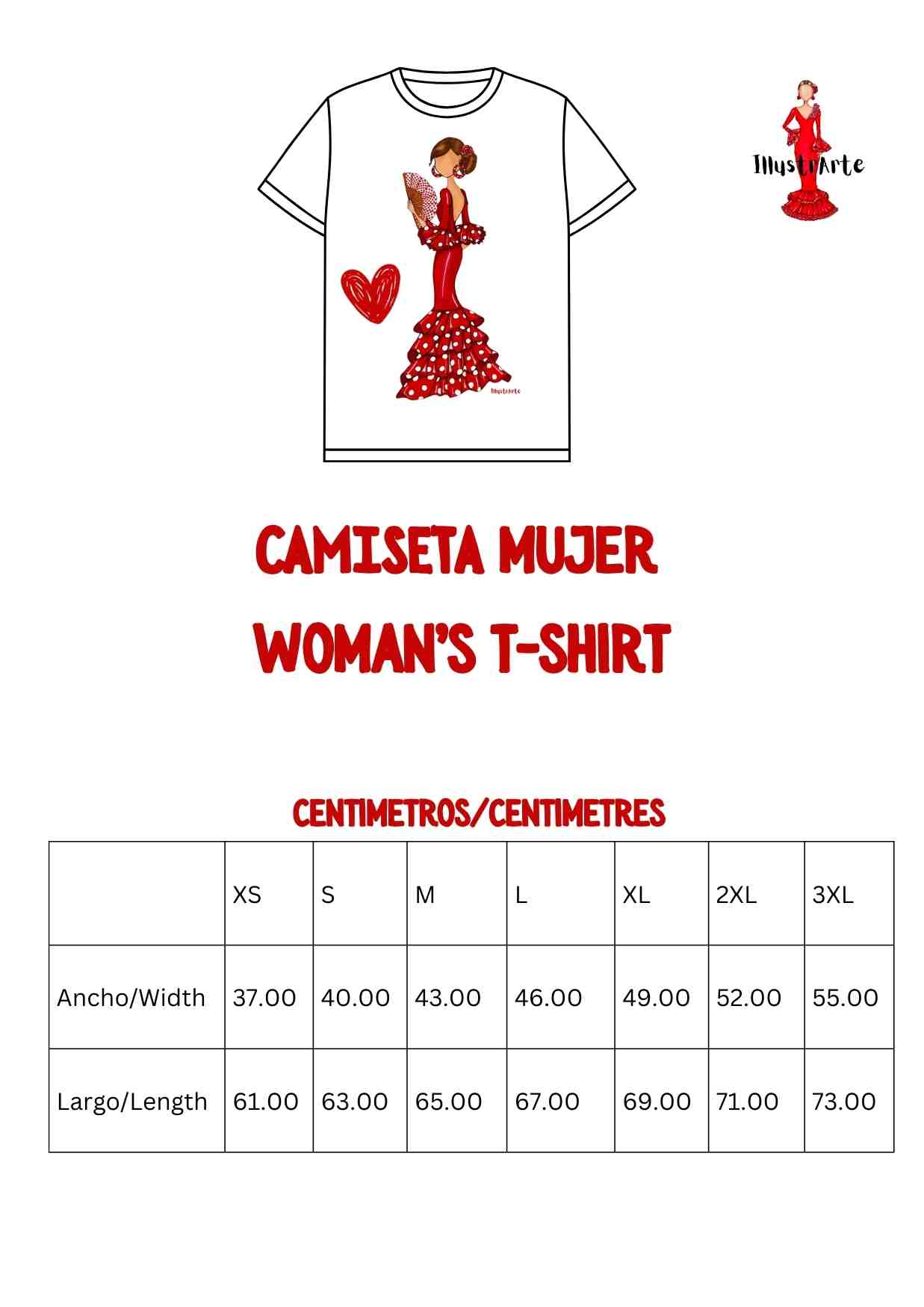Camiseta de algodón mujer Flamenco Lovers - Flamenca Verónica con vestido rojo con corazón blanco