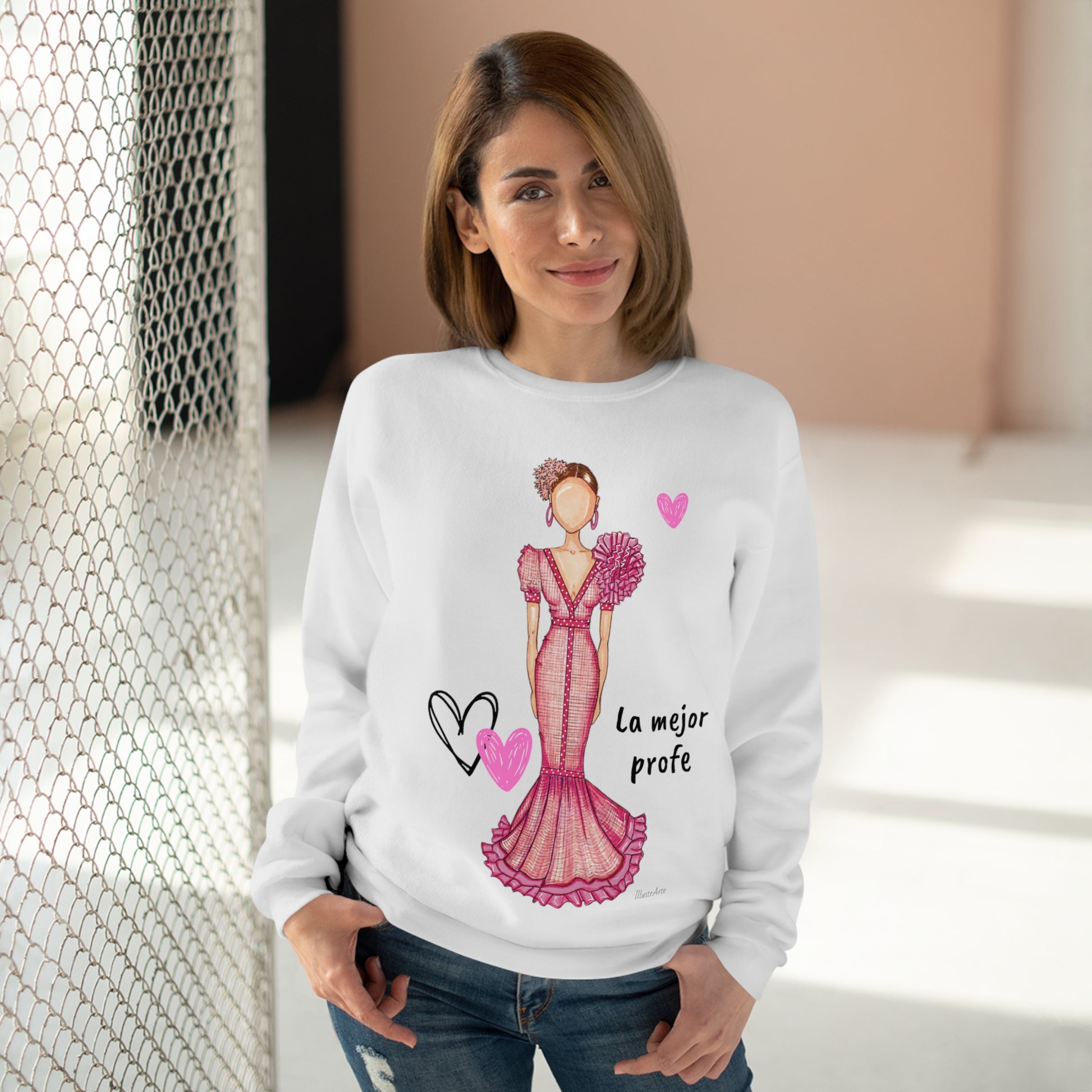Flamenco lovers customizable white Crewneck Sweatshirt, beautiful flamenco dancer in a pink dress with hearts. - IllustrArte