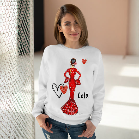 Sudadera blanca de cuello redondo para amantes del flamenco, preciosa bailaora de flamenco con vestido rojo de lunares blancos.