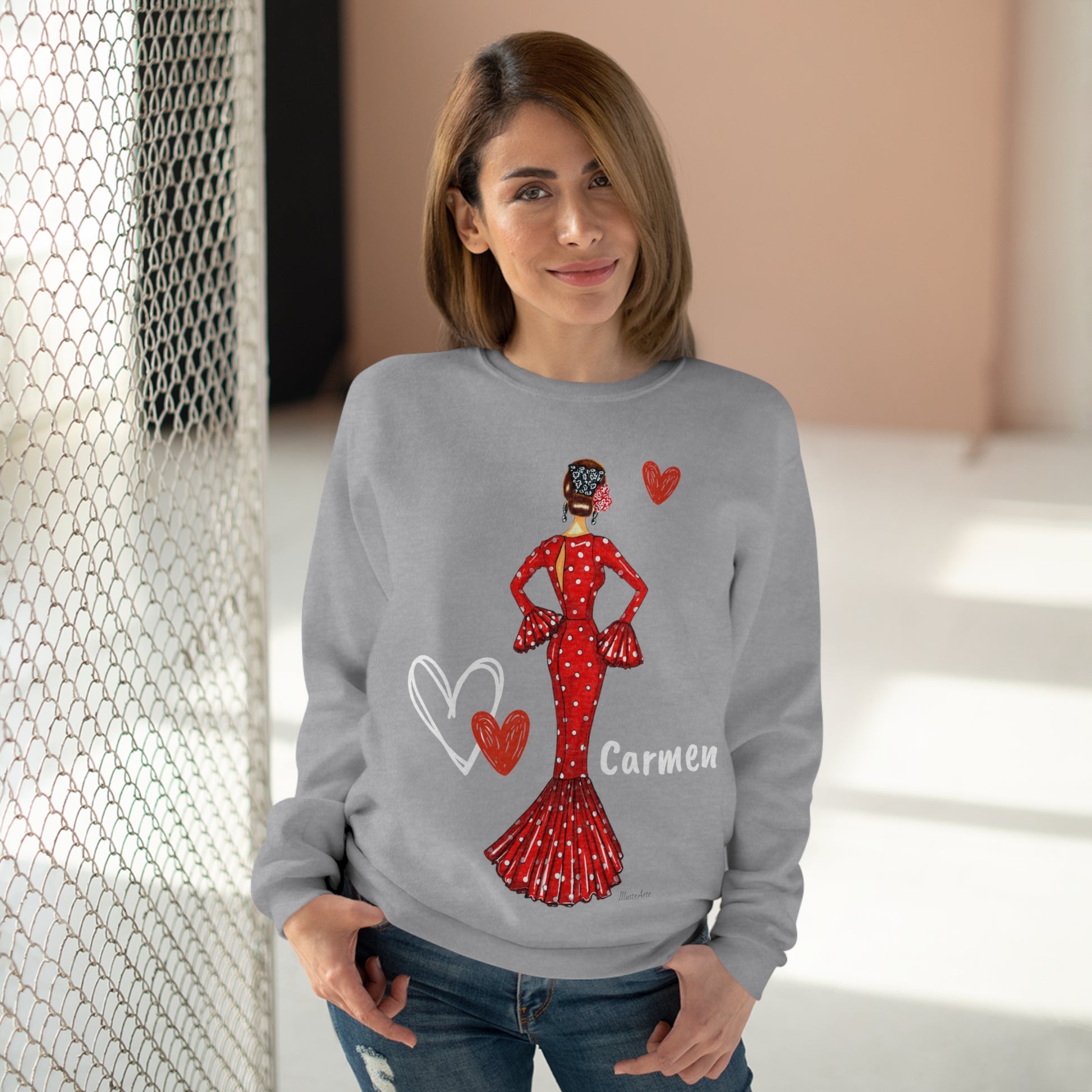 a woman wearing a sweater with a picture of a woman in a red dress
