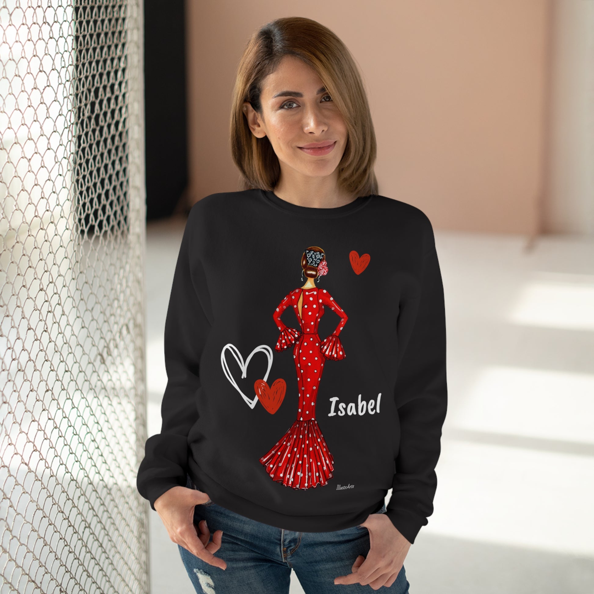 a woman wearing a black sweater with a red dress and hearts on it