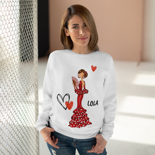 Flamenco lovers white Crewneck Sweatshirt, beautiful flamenco dancer in a red dress with white polka dots and a hand fan.