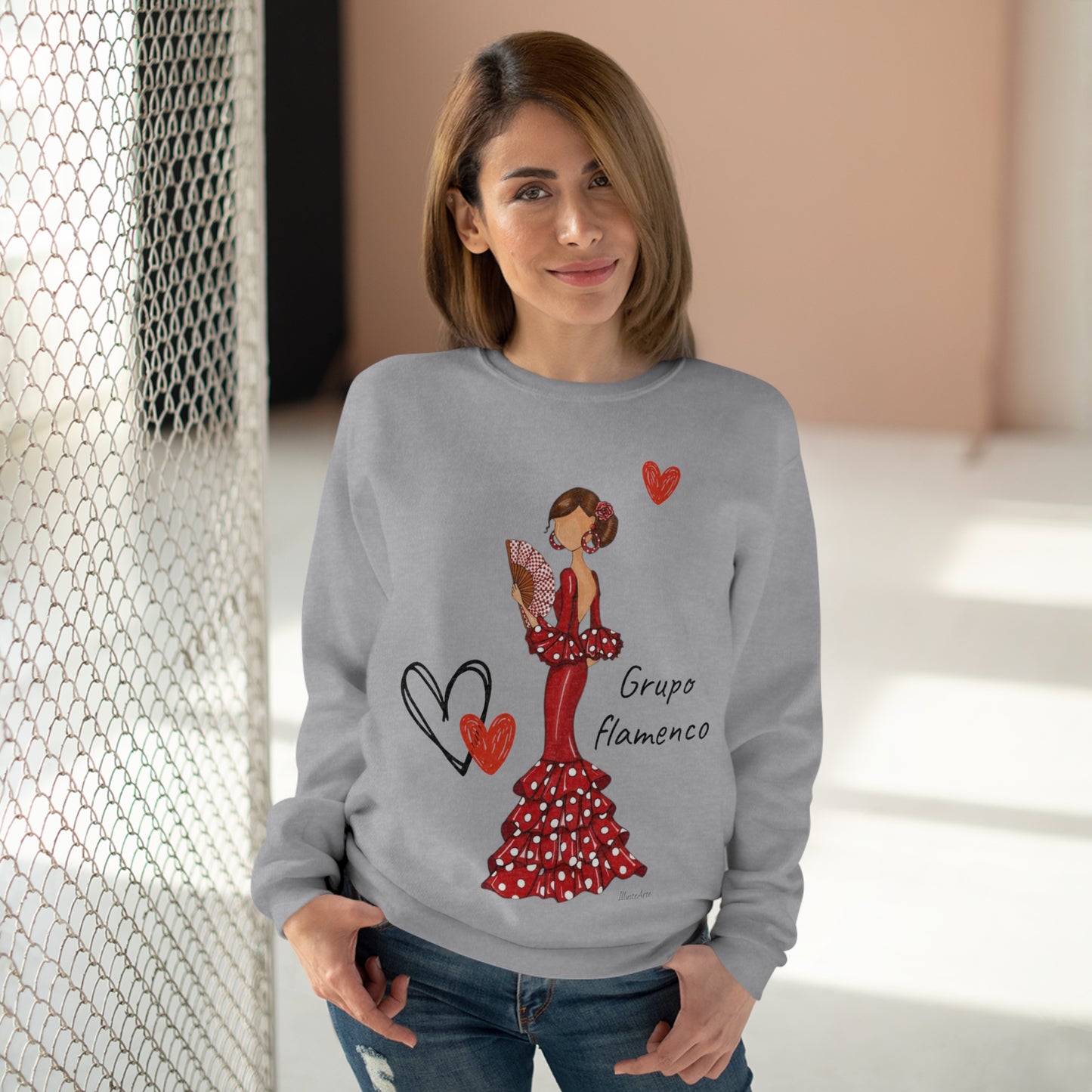 Flamenco lovers customizable gray Crewneck Sweatshirt, beautiful flamenco dancer in a red dress with white polka dots and a hand fan.