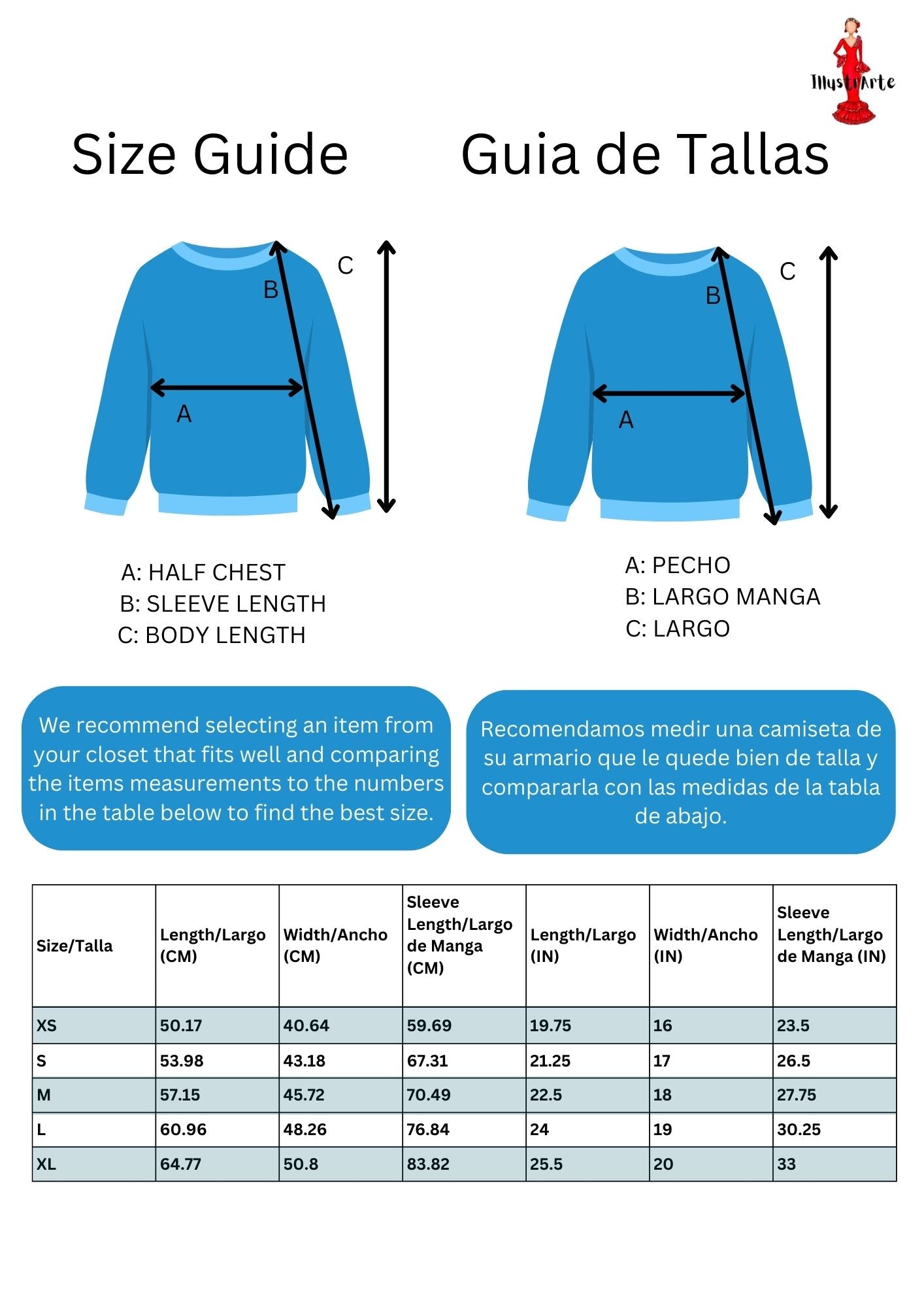 the size guide for a long sleeved t - shirt