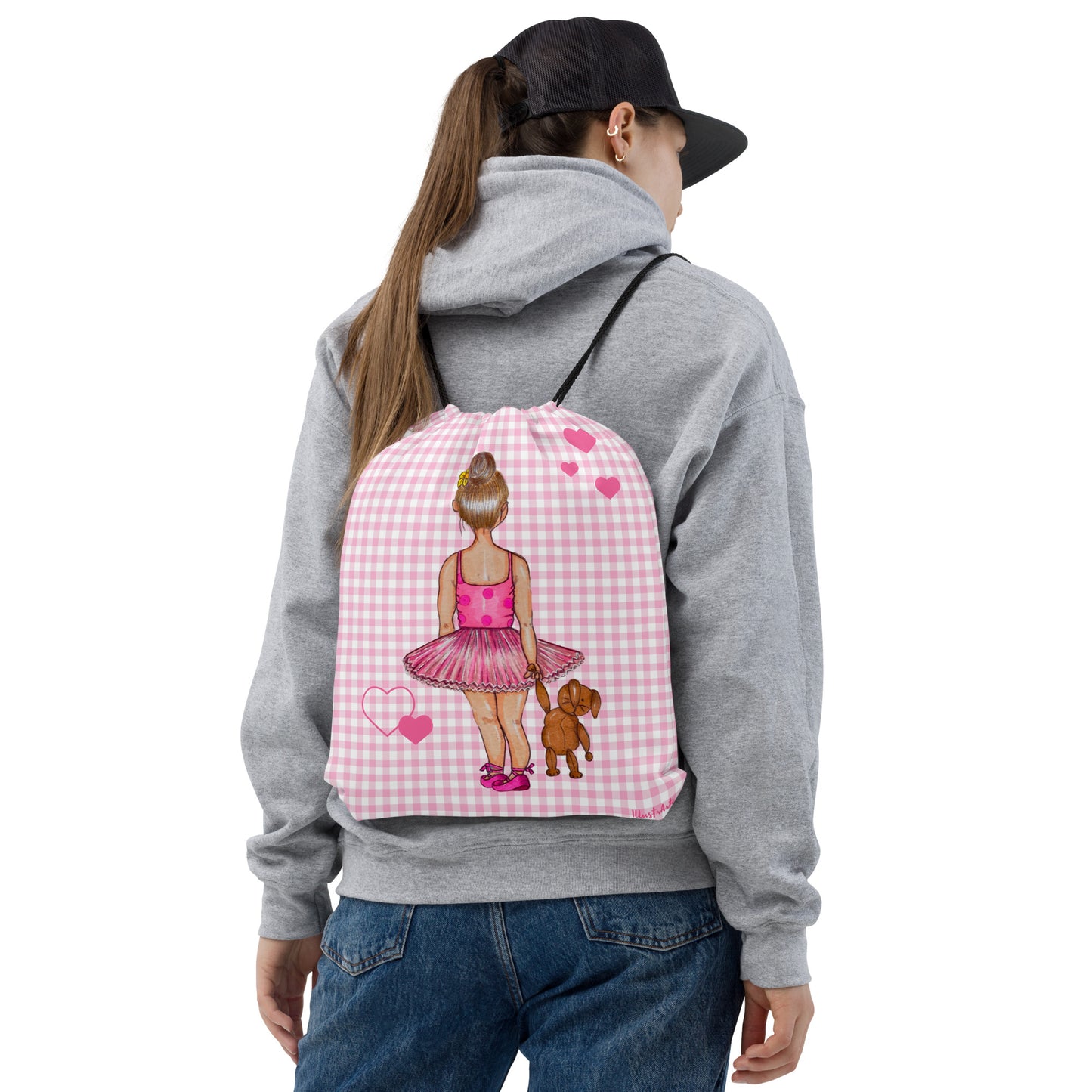 Ballerina Girl Gym Bag, pink outfit with a teddy bear on a pink polka dot design. - IllustrArte