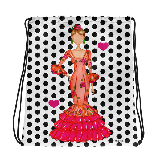 Flamenco Dancer Gym Bag, orange dress and pink hearts on a black polka dot design. - IllustrArte